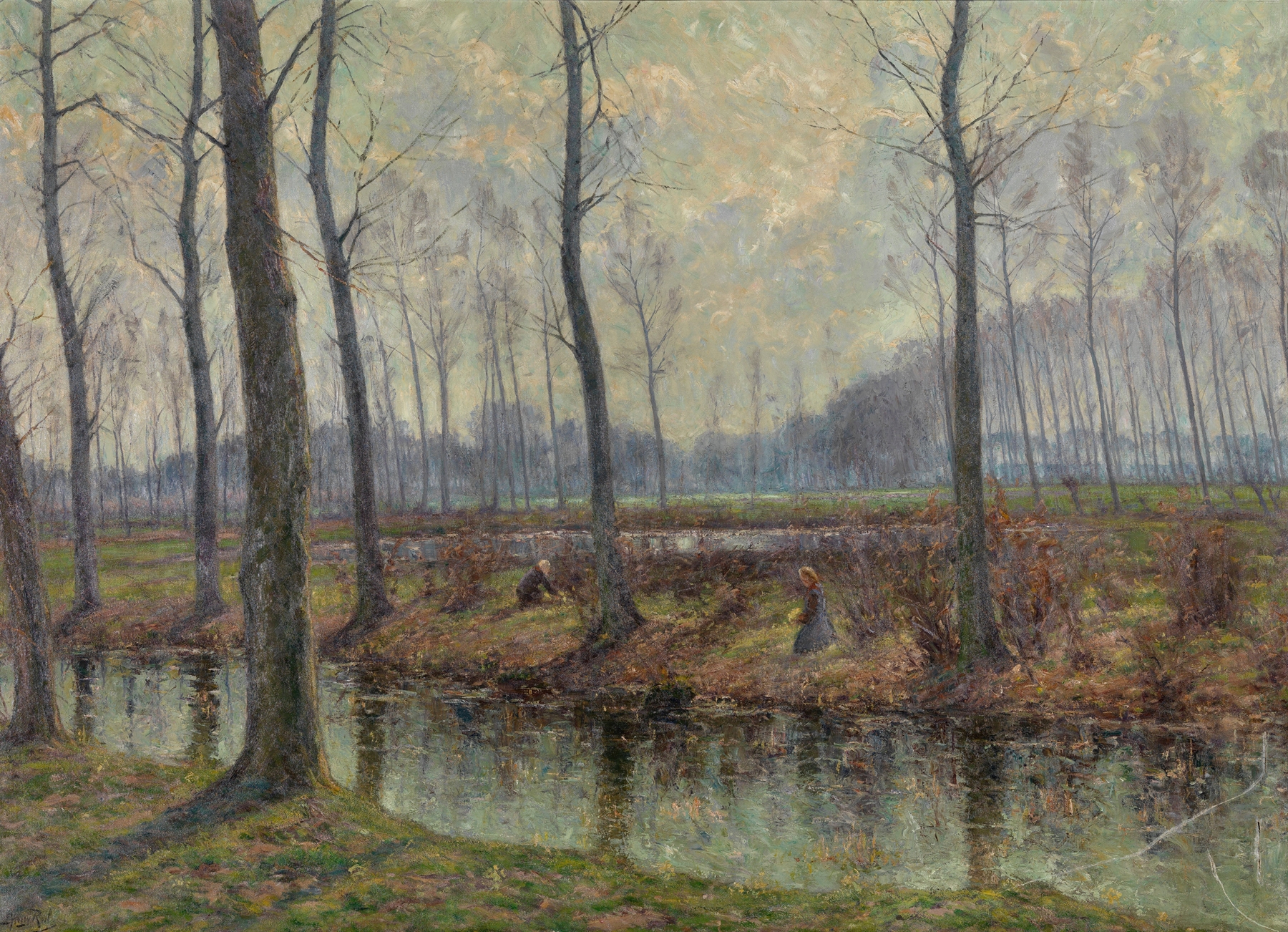 Spring Morning by Henri Rul, oil on canvas depicting a serene landscape with blooming flowers.
