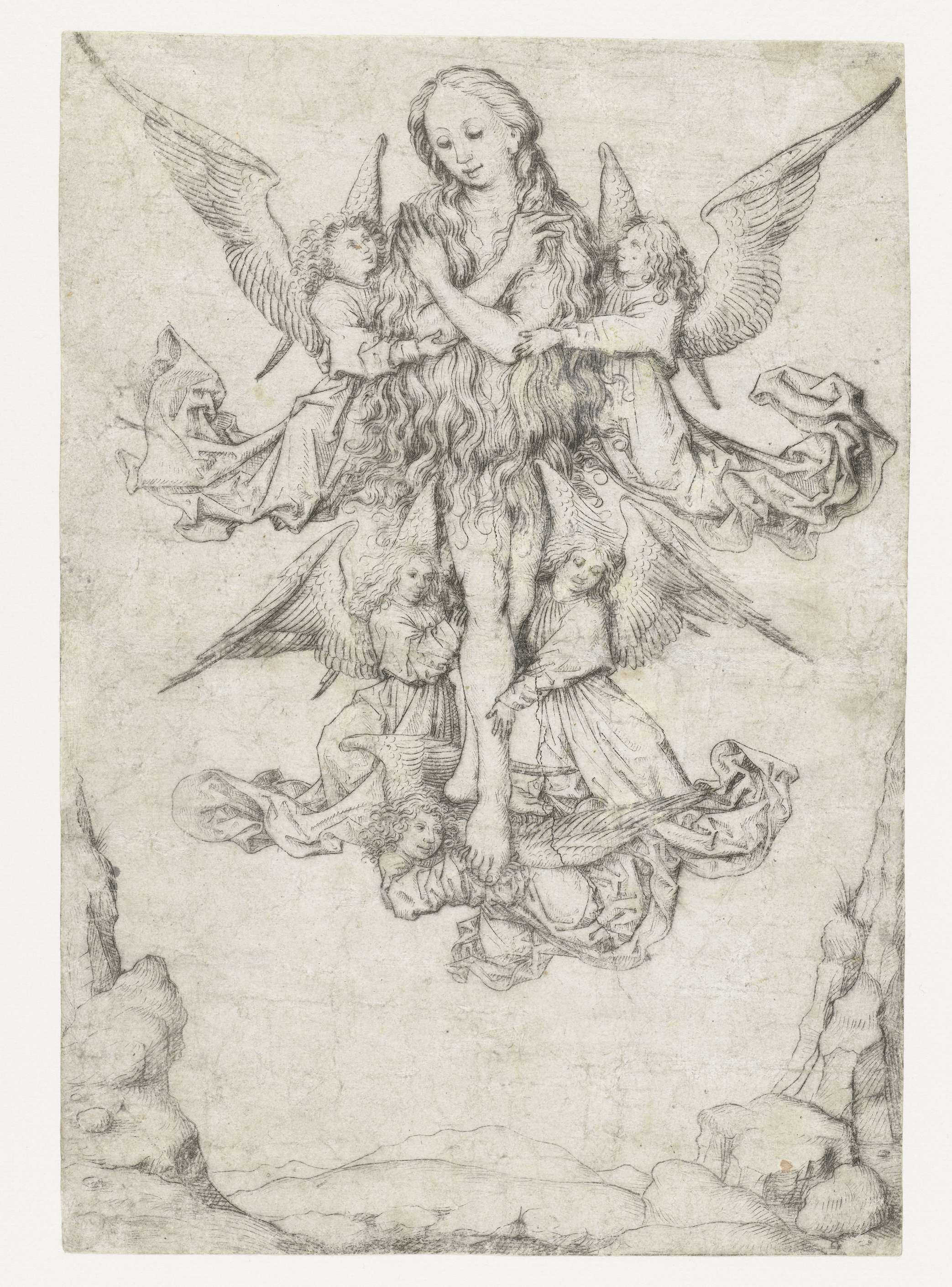 Drypoint by Meester van het Amsterdamse Kabinet depicting Mary Magdalene with five angels