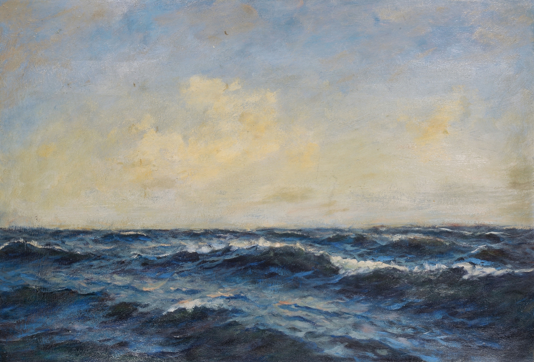 On the High Seas, oil painting by William de Goumois depicting deep cerulean waves and a vast ocean.