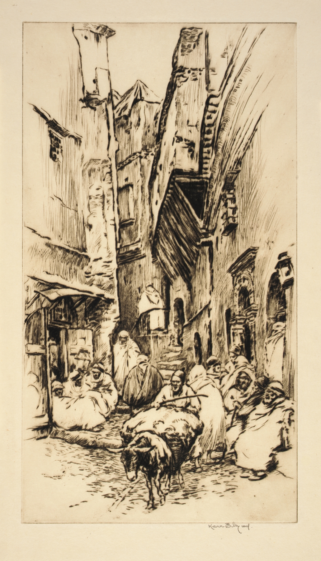 Genre scene depicting a couple at a cafe under golden light, oil painting by Kerr Eby, 1924
