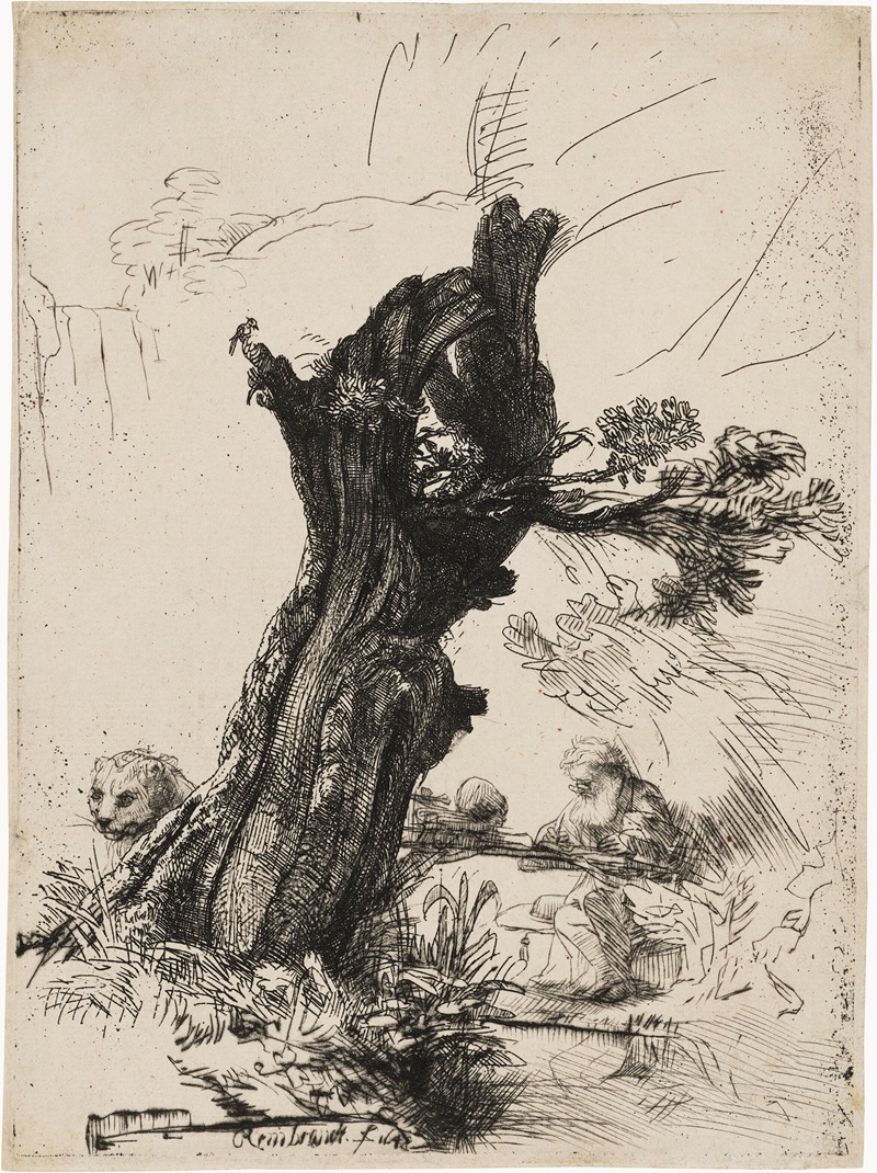 Rembrandt's painting depicts Saint Jerome in a serene landscape.