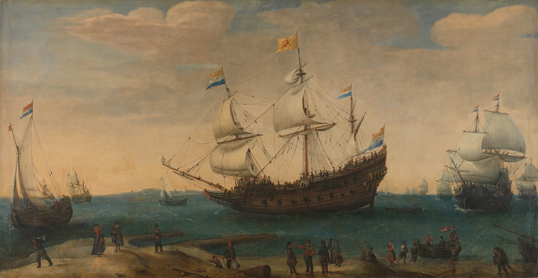 A number of East Indiamen off the Coast (The Mauritius and other East Indiamen Sailing out of the Marsdiep), by Hendrik Cornelisz. Vroom, public domain