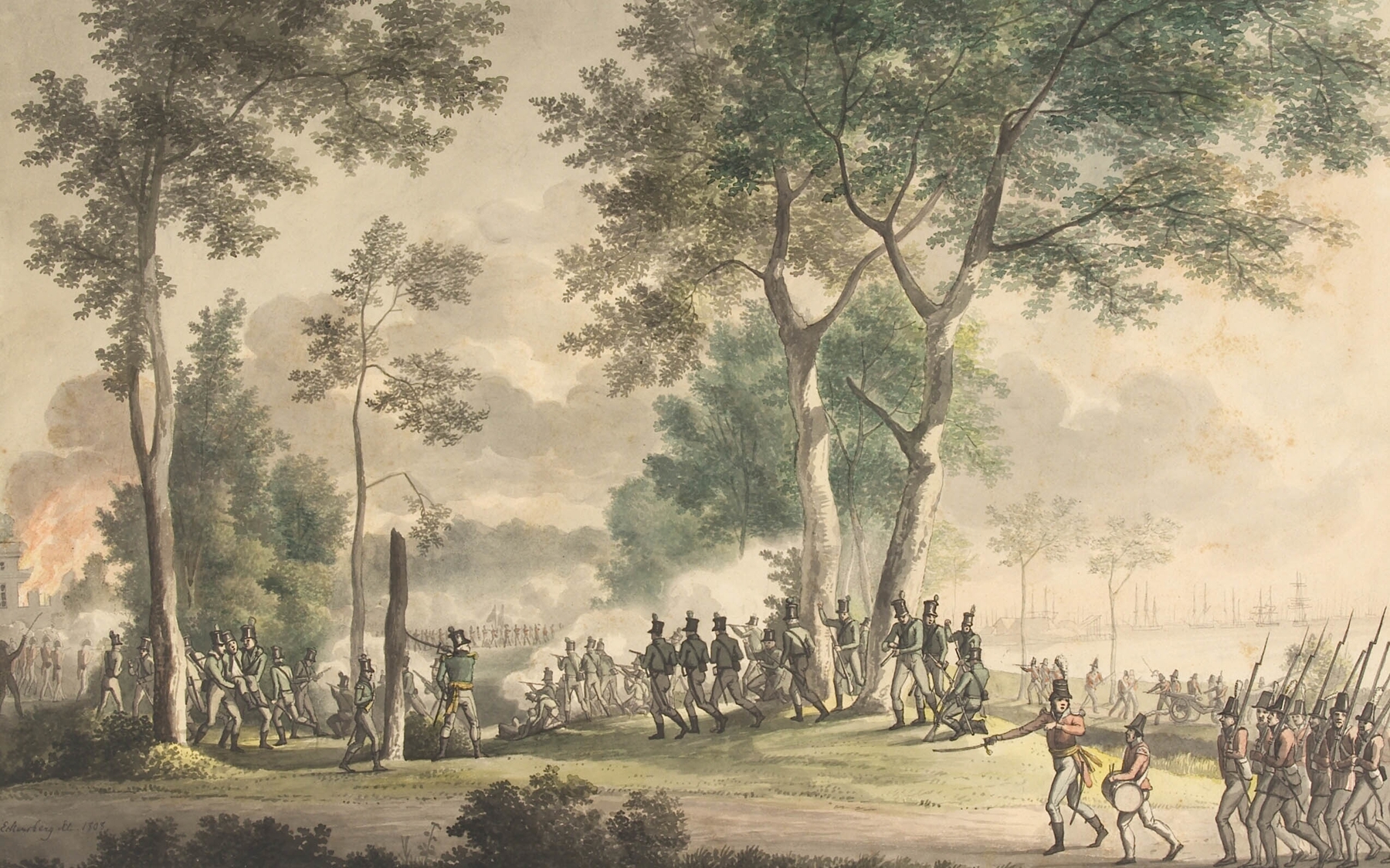 Livjægernes udfald i Classens have 31.august 1807., by Christoffer Wilhelm Eckersberg, public domain