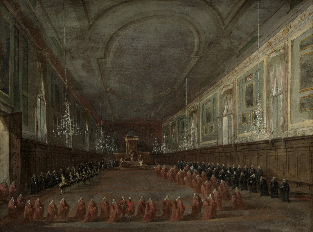 Francesco Guardi's painting depicts Pope Pius VI taking leave of the Doge in a grand Venetian hall.
