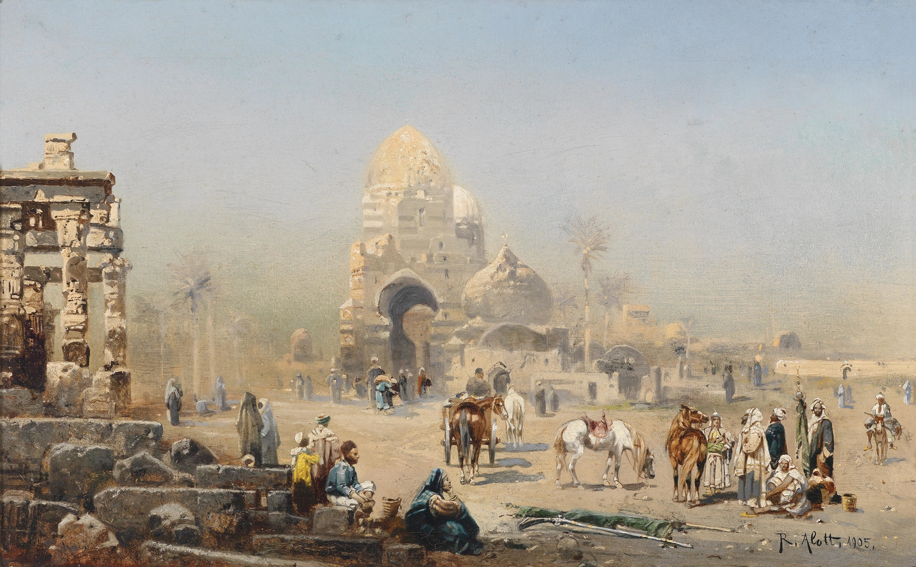 Orientalische Straßenszene by Robert Alott, oil on canvas depicting a lively market with figures.