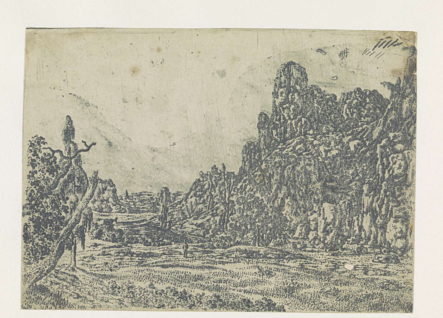 Landscape with a Steep Cliff, Large Version, by Hercules Segers, public domain