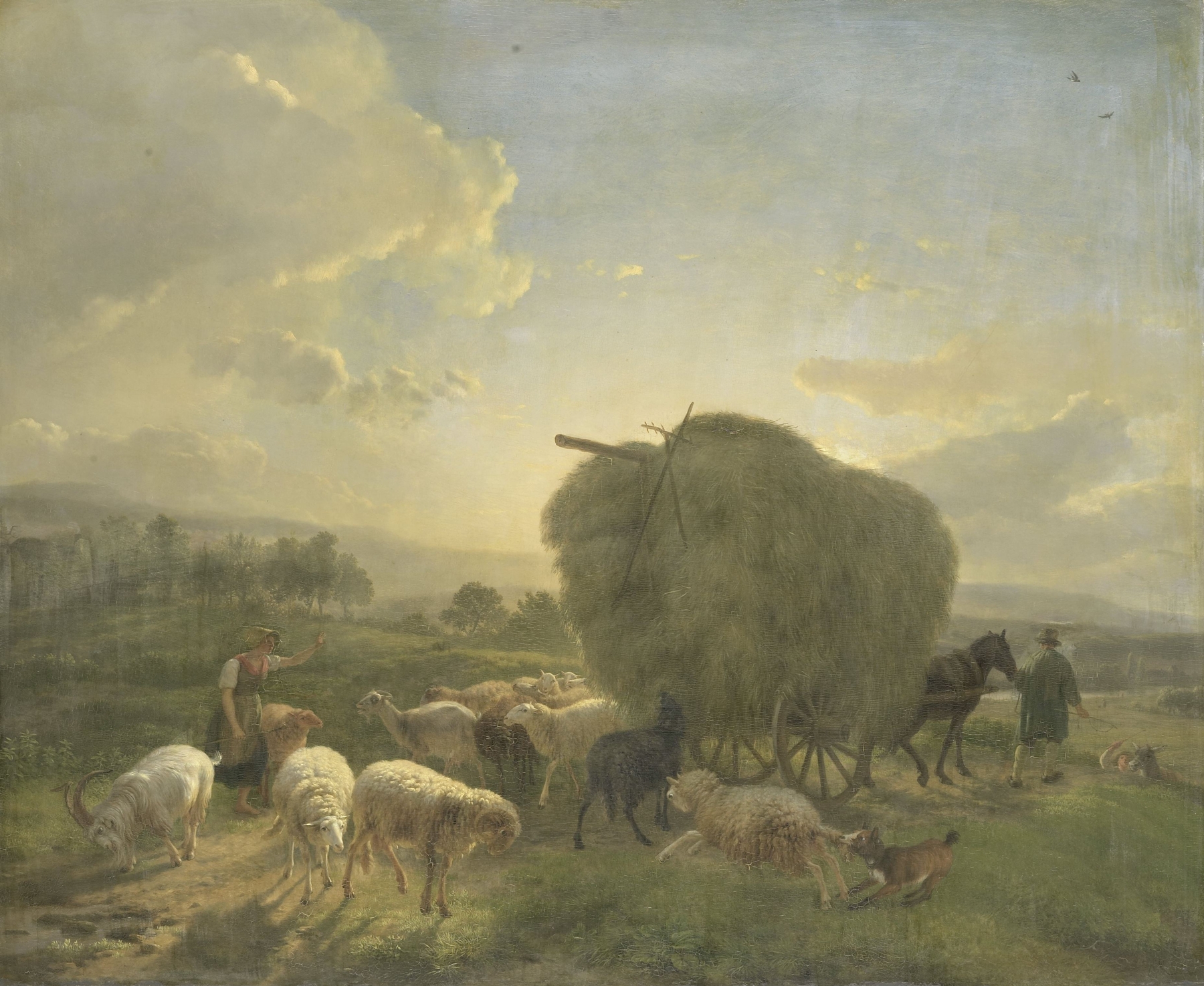 Landscape with sheep and a hay wagon, oil on canvas by Balthasar Paul Ommeganck