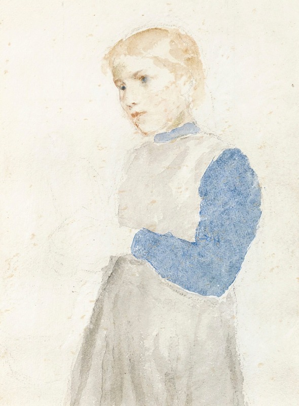 A standing girl depicted in a realistic style by Albert Anker.
