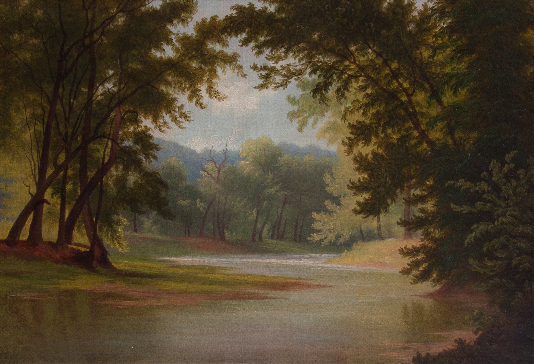 Landscape oil painting by Godfrey Frankenstein depicting lush foliage and dappled sunlight.