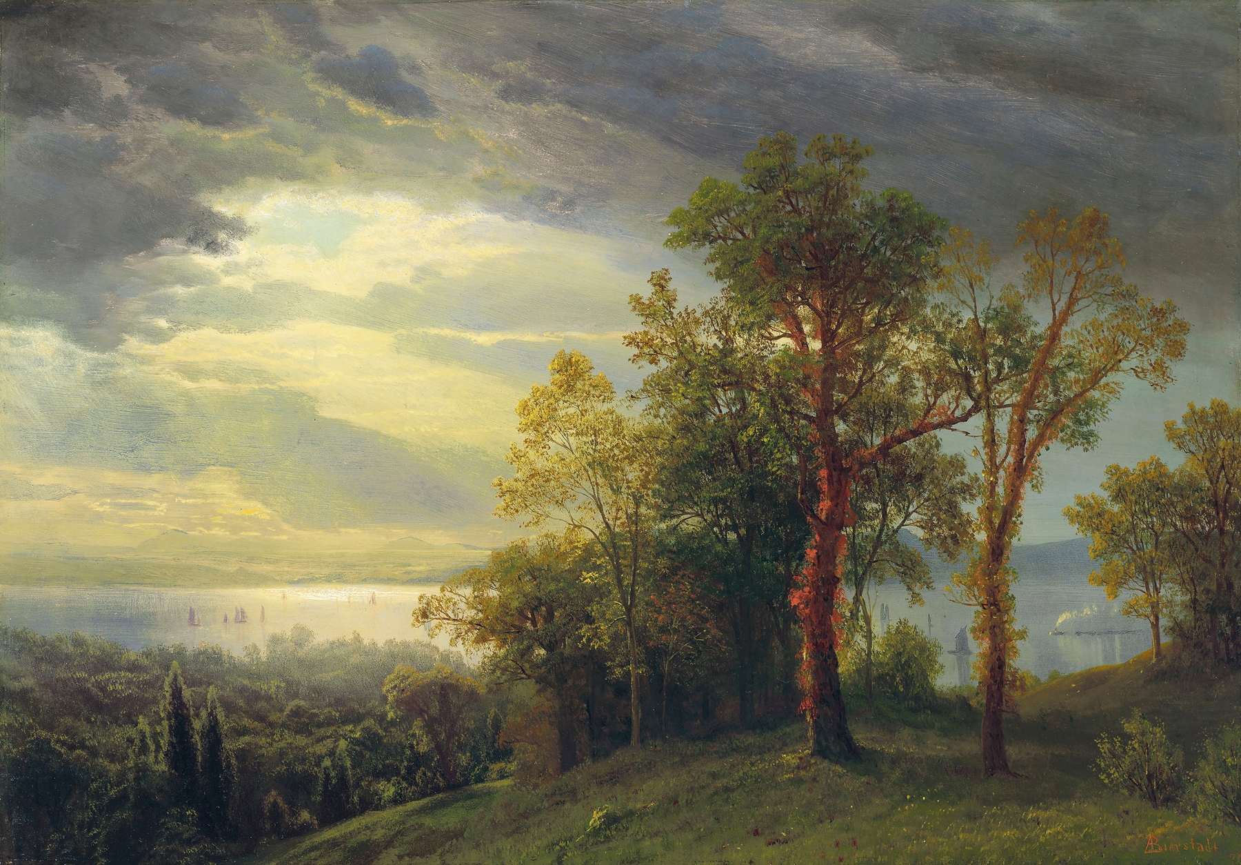 Landscape of the Hudson River with mountains in mist, oil painting by Albert Bierstadt
