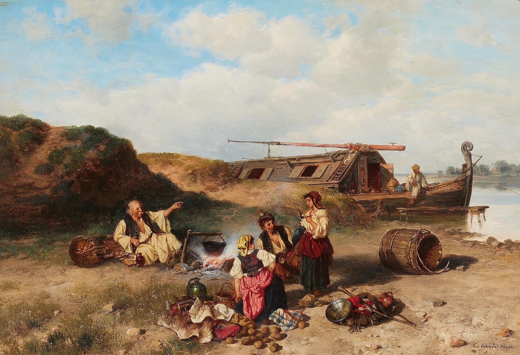Fisherman resting by the riverbank in oil on canvas by Paul Böhm