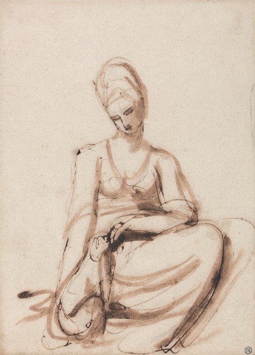 A woman seated and feeding an animal, showcasing George Romney's style.
