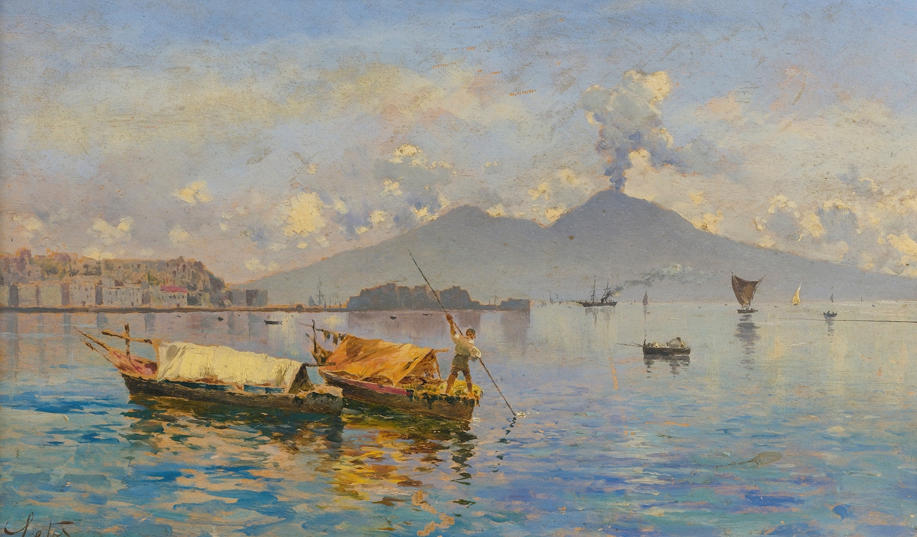 Landscape of Naples by Antonio Leto, oil painting featuring lush vegetation and hills.