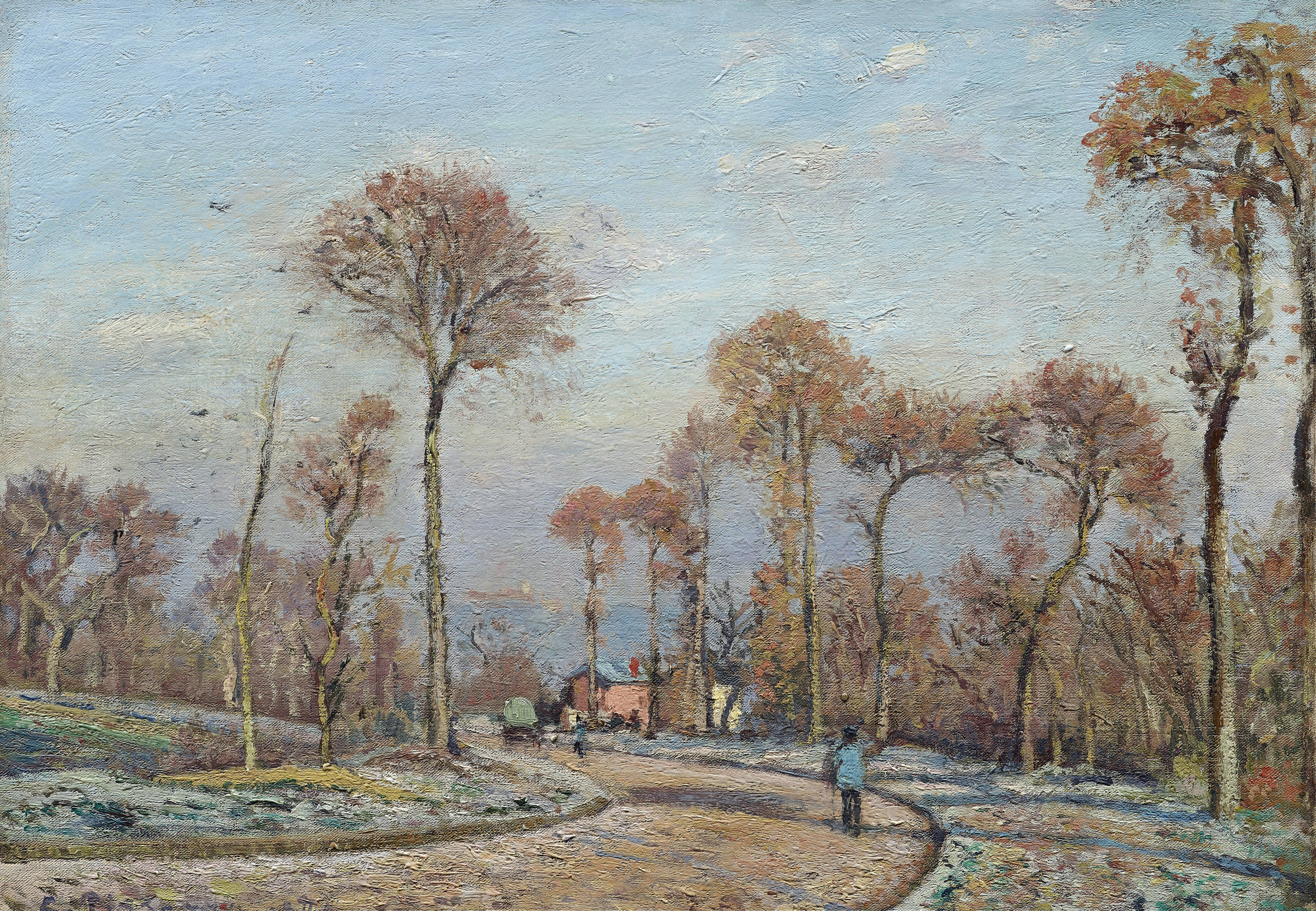 Landscape with a path and frost, oil on canvas by Camille Pissarro