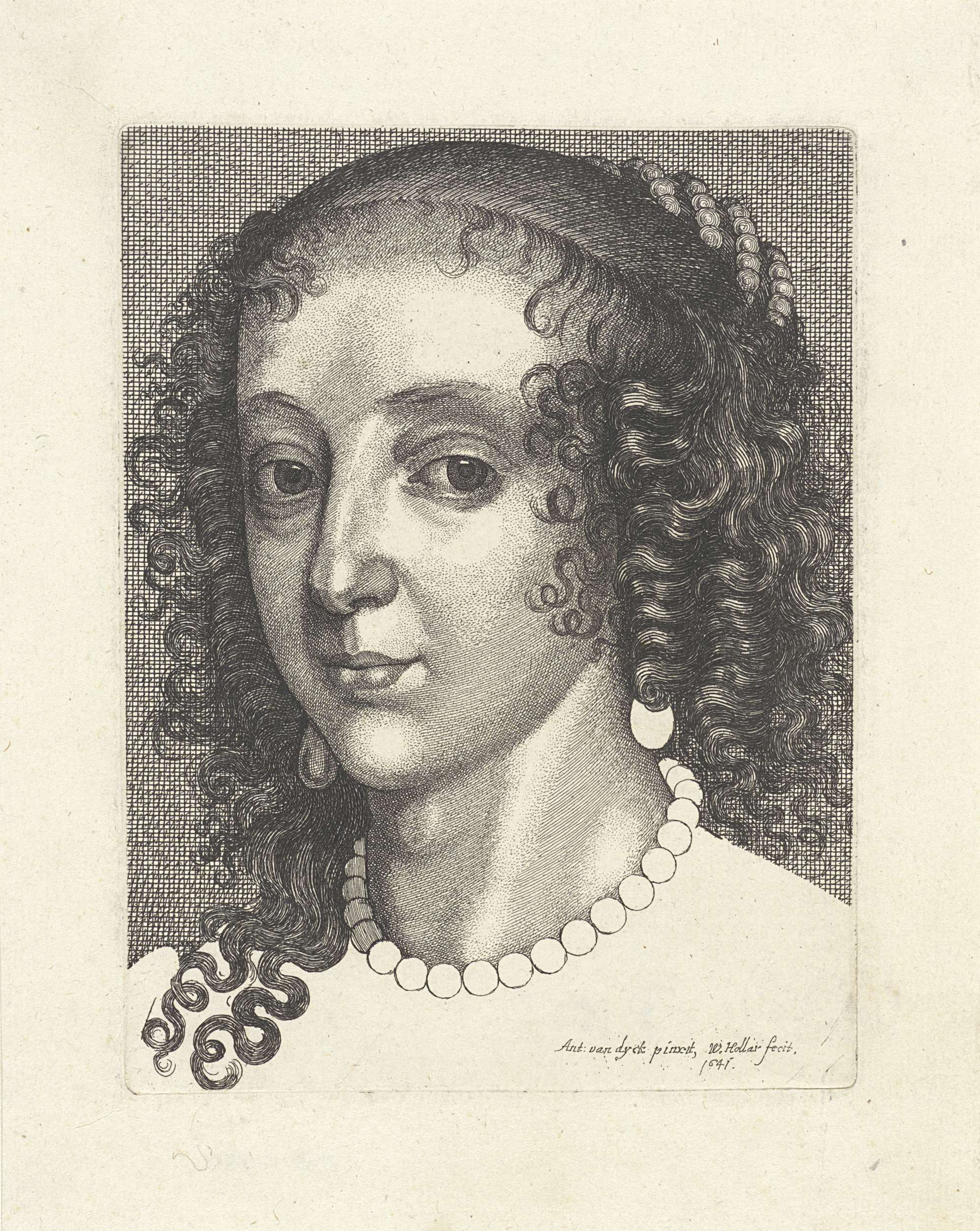 Portret van Maria Henriëtte Stuart, etching by Wenceslaus Hollar, featuring a noblewoman's soft face