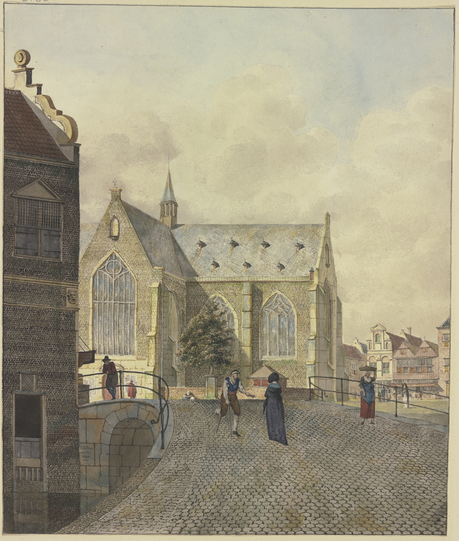 Genre scene depicting a lady and a beggar near a bridge, oil painting by Johannes Huibert Prins