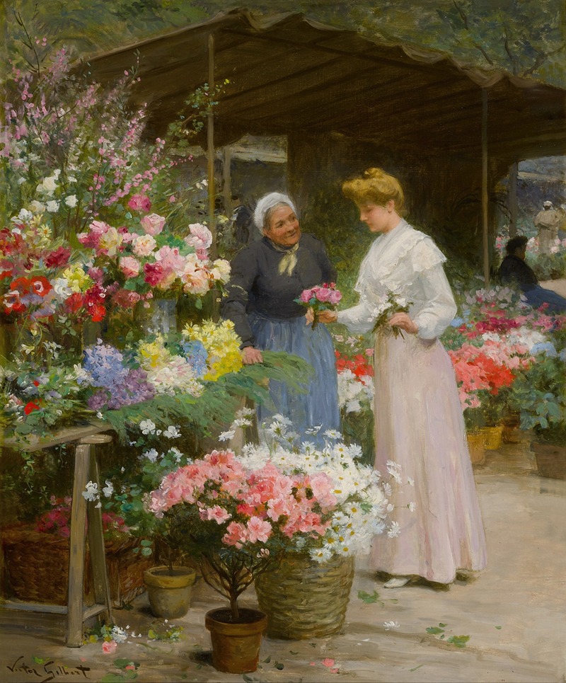 A vibrant scene of a flower market in Paris by Victor Gabriel Gilbert.