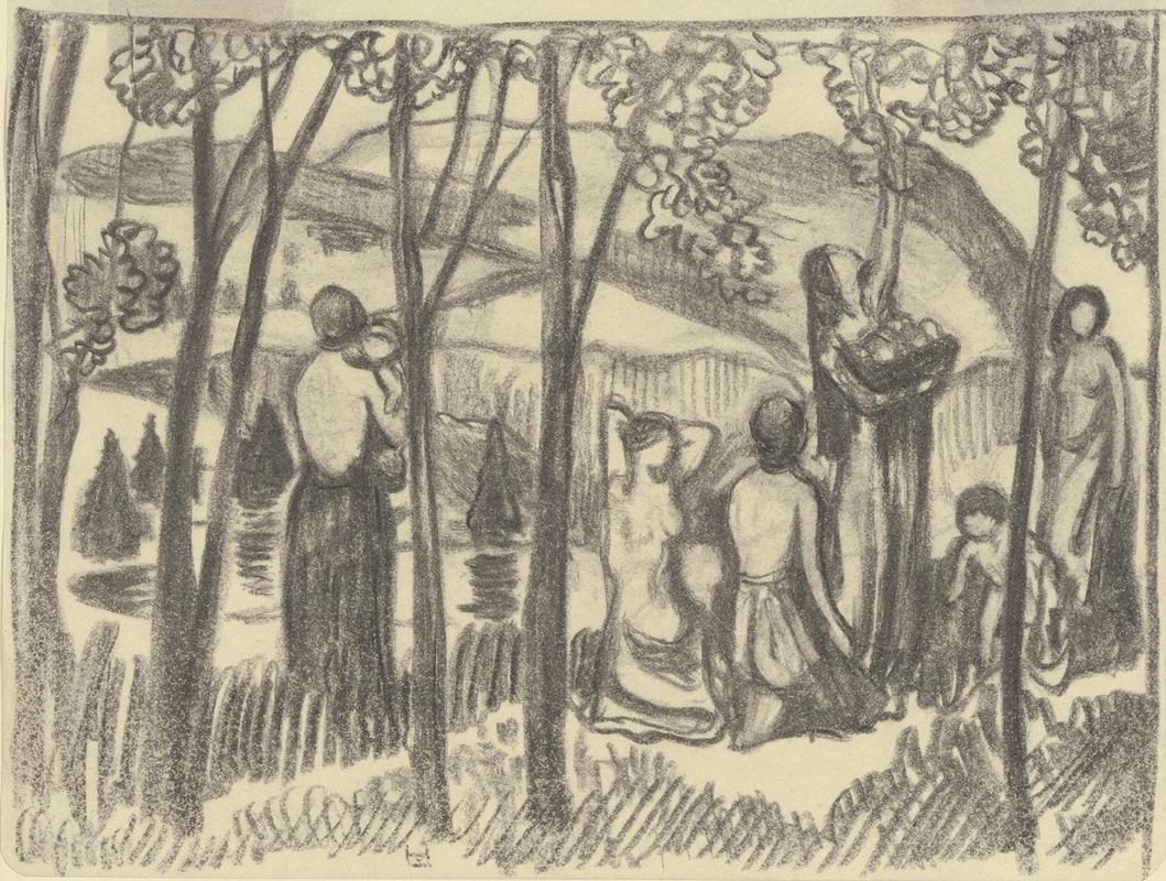 A painting depicting kneeling women and a fruit picker in a lush setting.