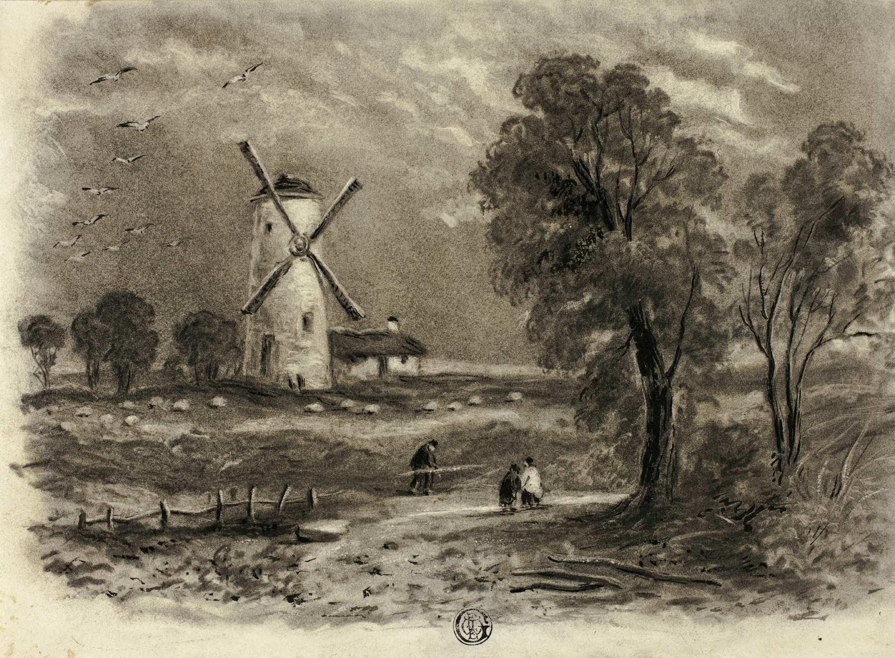 Landscape with Windmill by Elizabeth Murray, acrylic on canvas, depicts a windmill under a stormy sky.