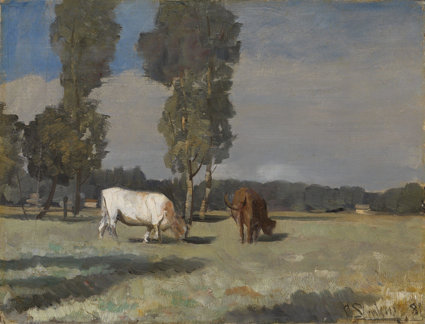 French Landscape with Cattle by Christian Skredsvig, oil painting depicting rolling hills and cattle.