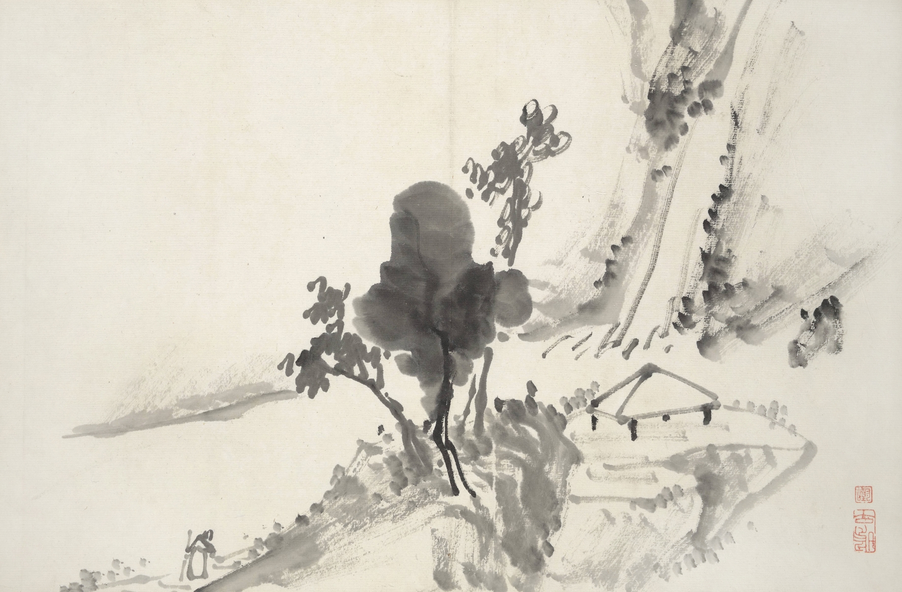 Ink on paper landscape by Hine Taizan, Album of Fifteen Ink Paintings Pl.08