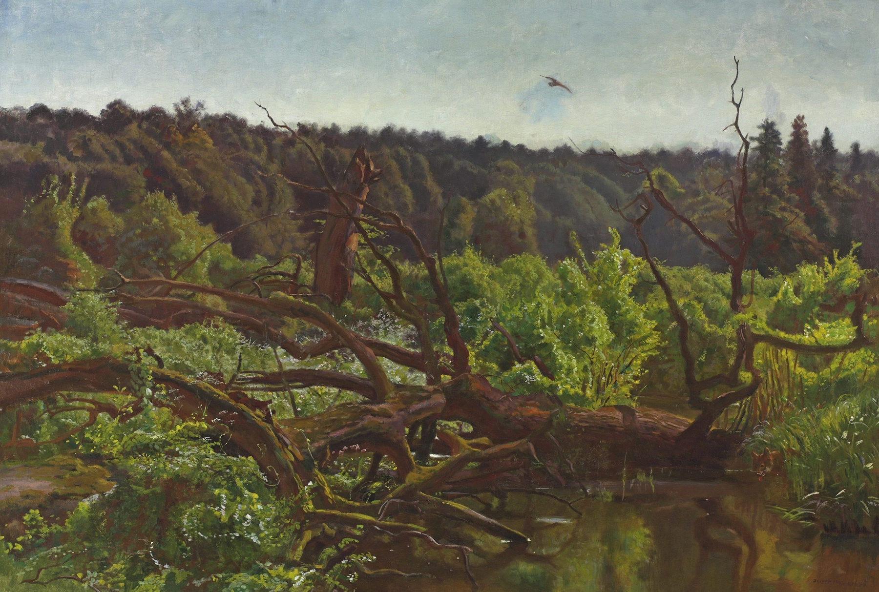 Deep Forest – Windthrows by Jozef Chelmonski, oil on canvas showing light filtering through trees.