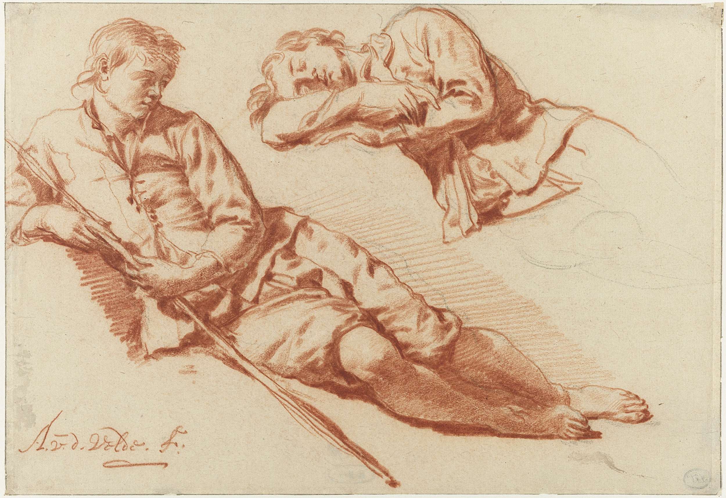 Drawing by Adriaen van de Velde of a shepherd boy resting and awake.