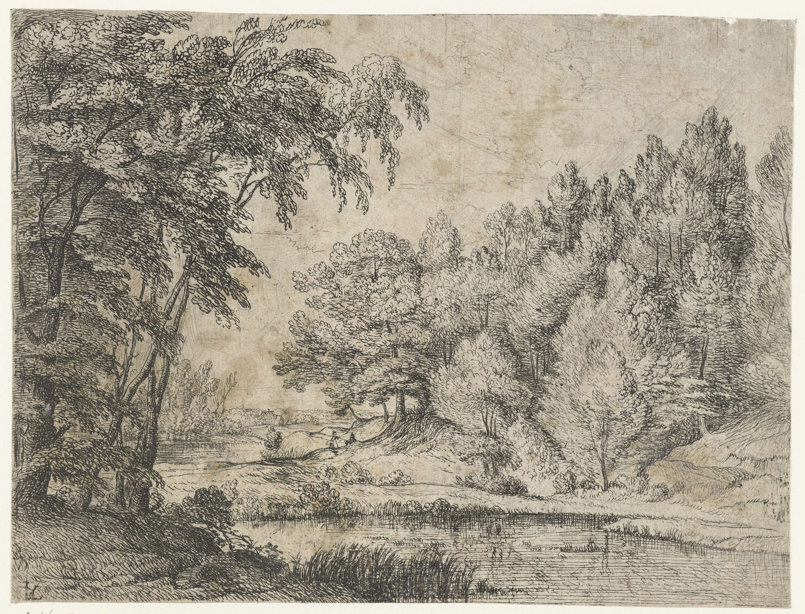 Landschap met een kronkelende rivier, etching by Lodewijk de Vadder depicting a winding river and tranquil landscape.