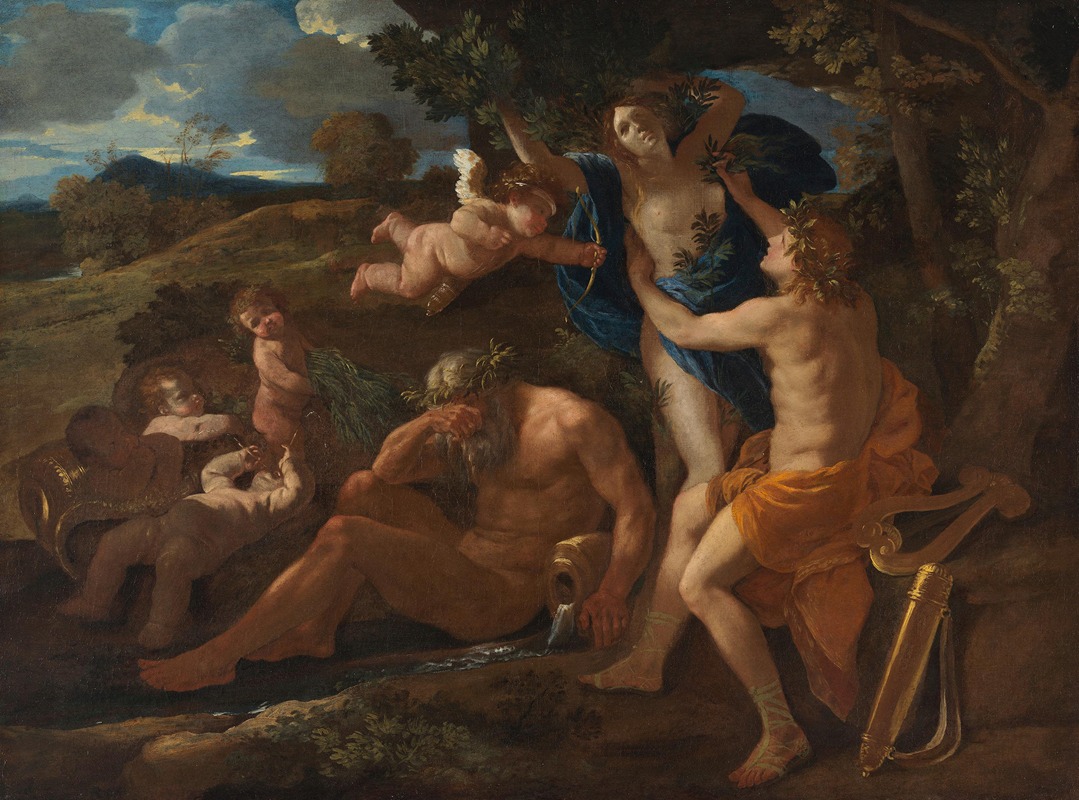 Nicolas Poussin's 'Apollo and Daphne' depicts the dramatic moment of transformation in a mythological narrative.