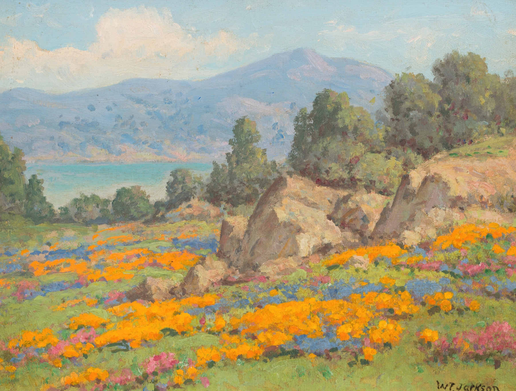 Coastal View with Poppies and Lupine by William Franklin Jackson, oil painting depicting vibrant flowers and ocean.