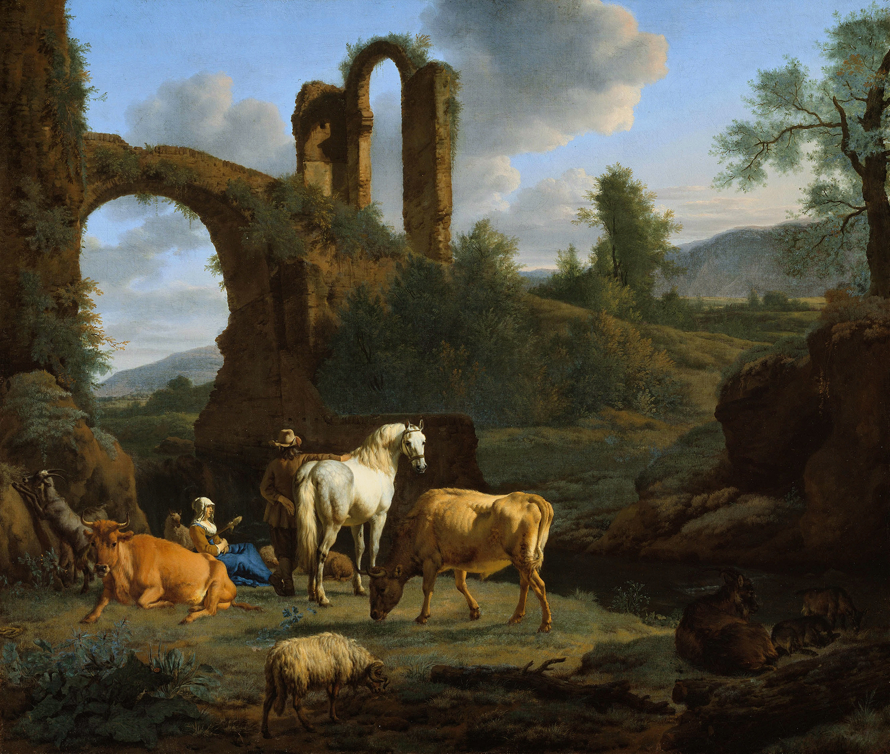 Pastoral Landscape with Ruins, by Adriaen van de Velde, public domain