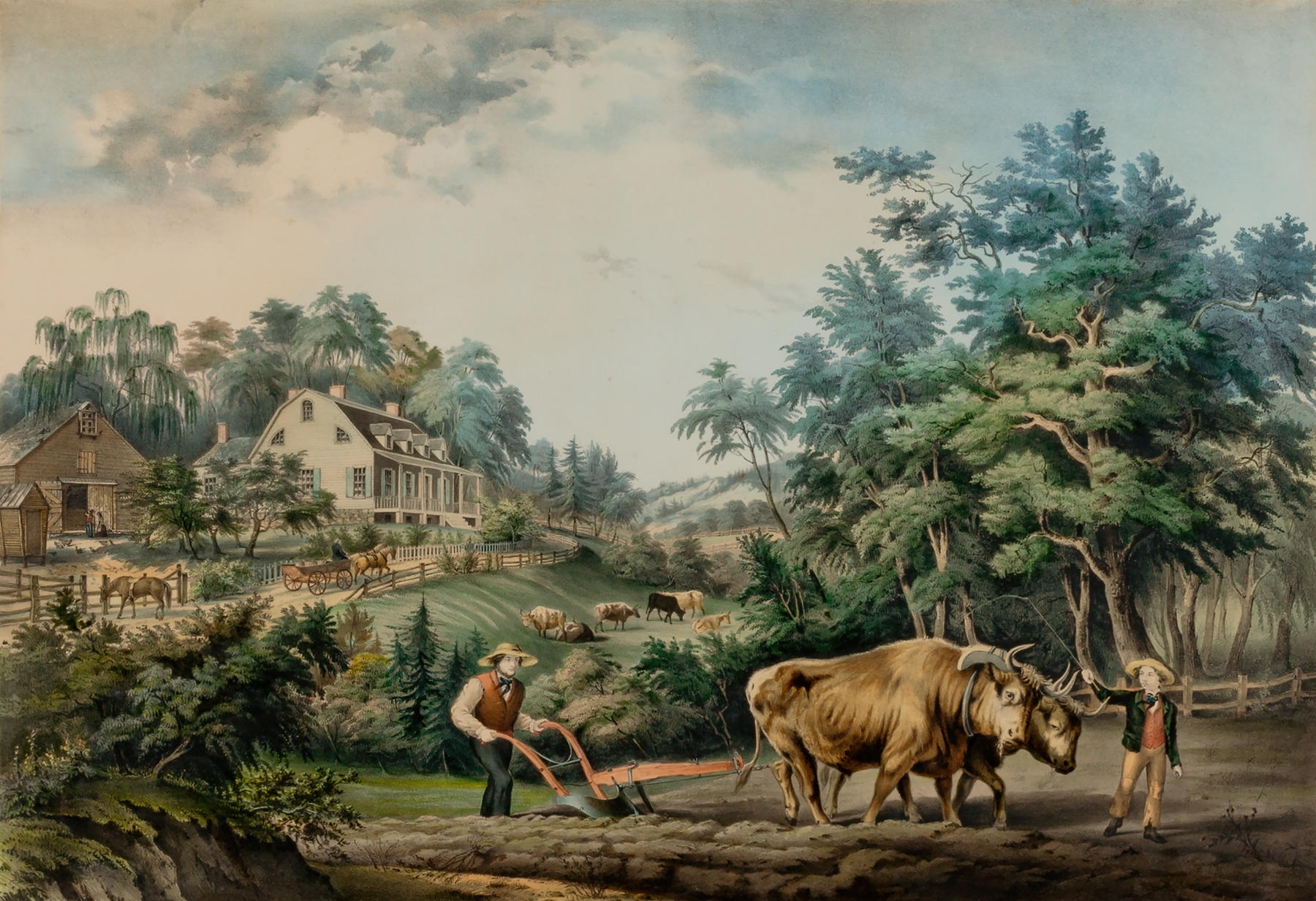 Lithograph by Frances Flora Bond Palmer depicting a rural family working under a vast sky.