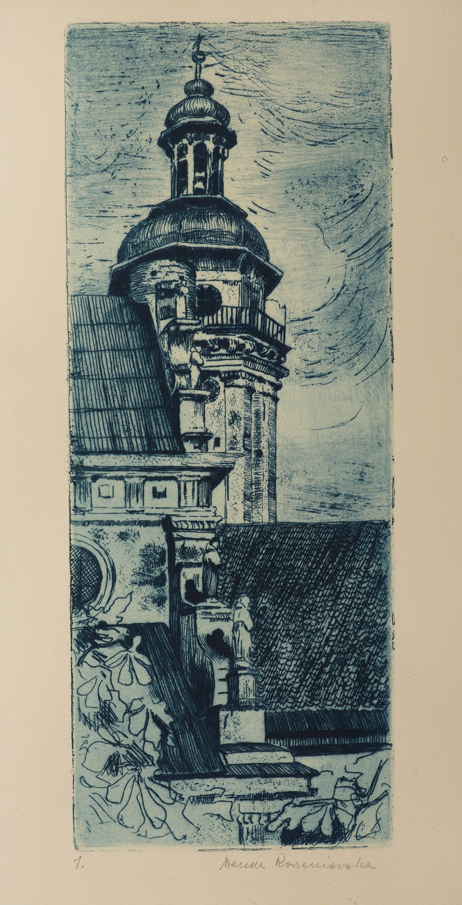 The Bernardine Church by Wanda Korzeniowska, oil painting depicting a church with spires in muted tones.