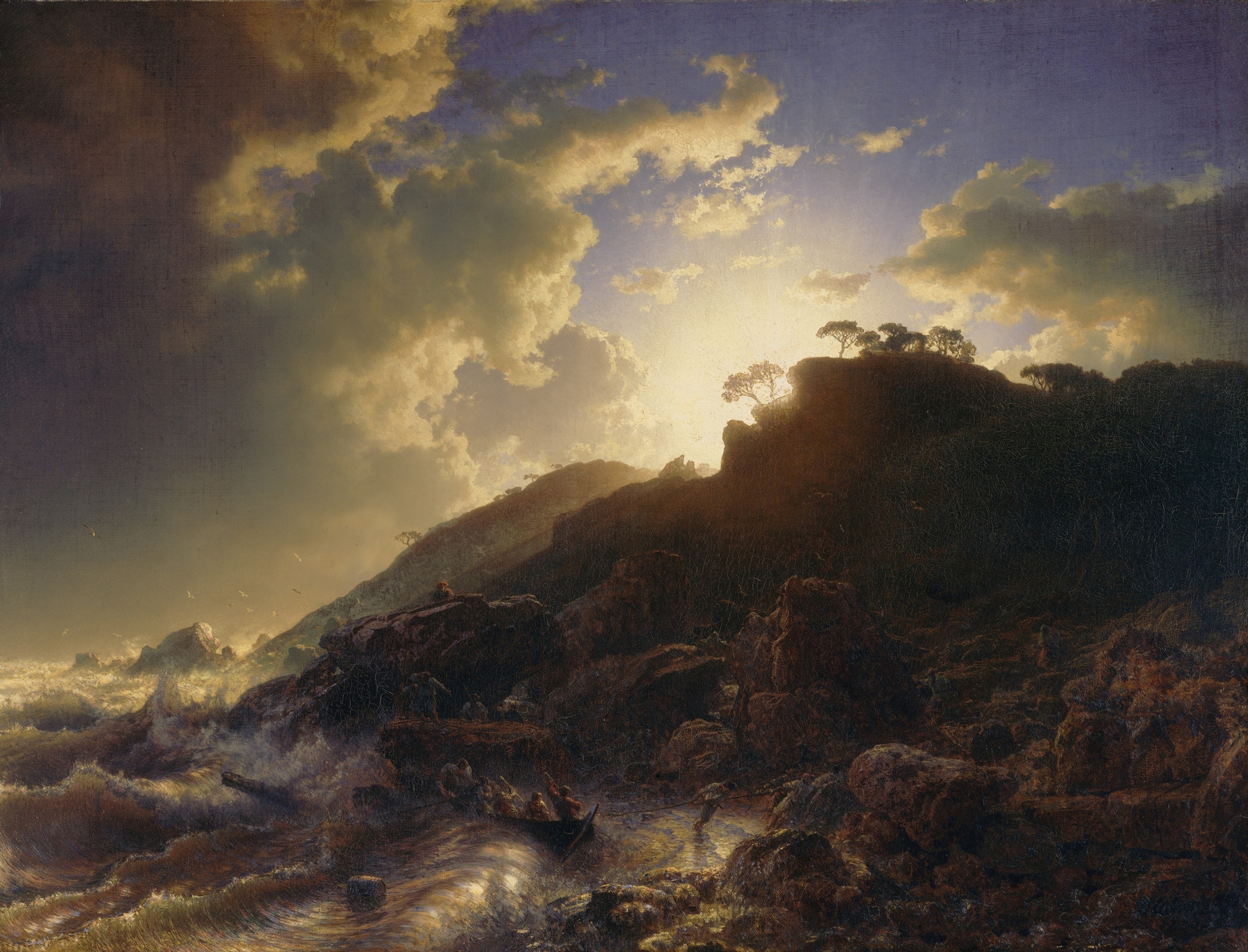 Sunset after a Storm on the Coast of Sicily, by Andreas Achenbach, public domain