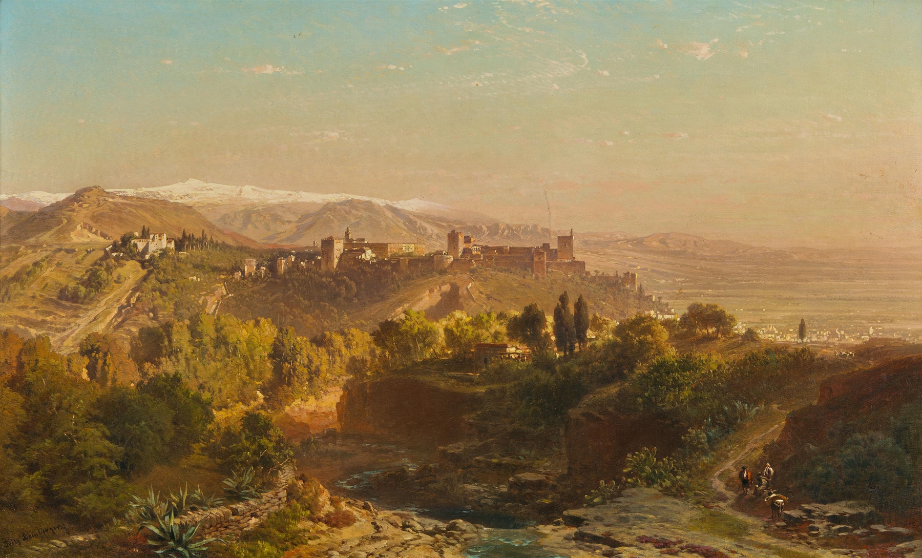 Landscape featuring hills and the Alhambra by Fritz Bamberger, oil painting
