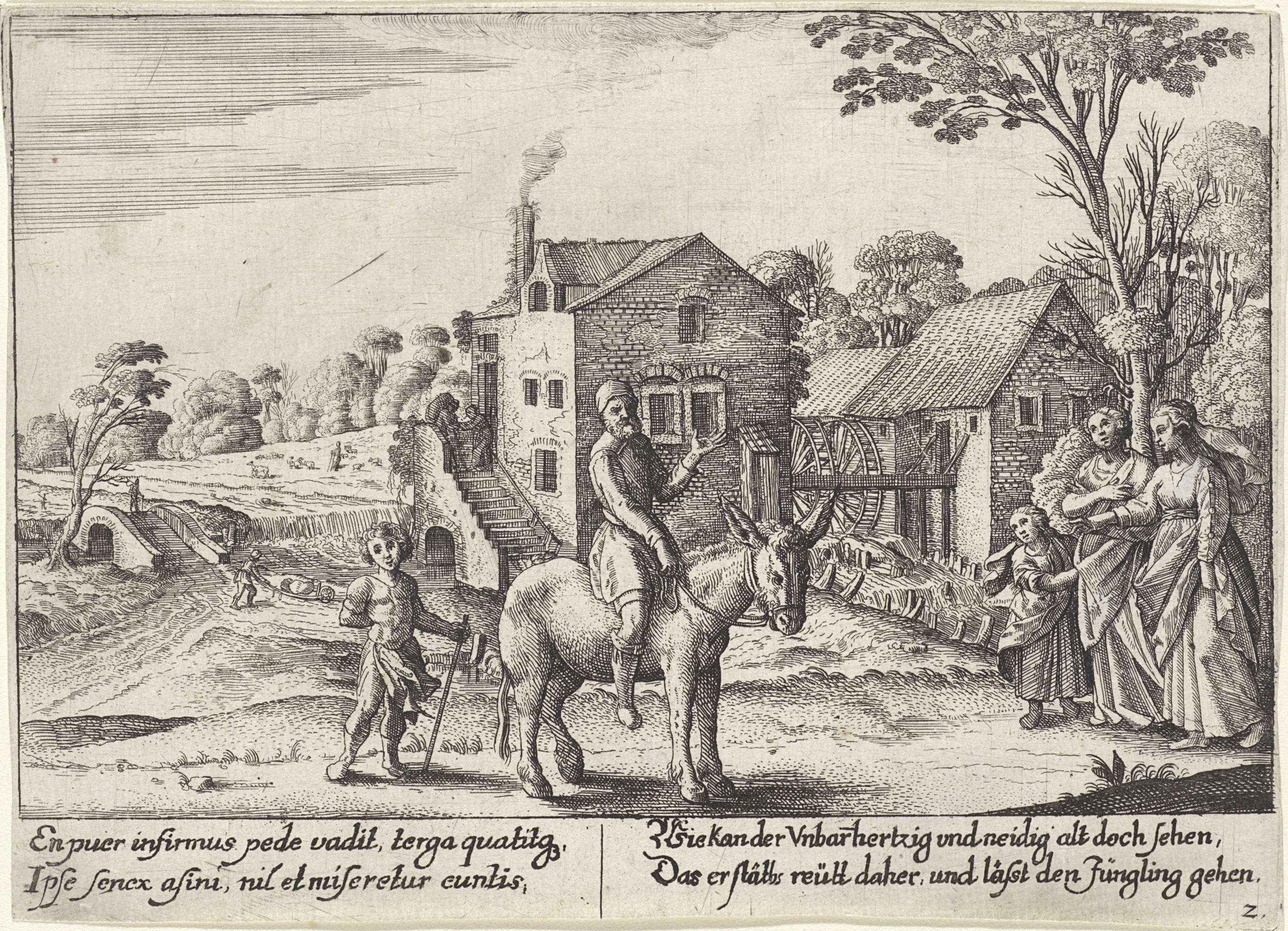 Etching by Wenceslaus Hollar of a farmer on a donkey with his son walking.