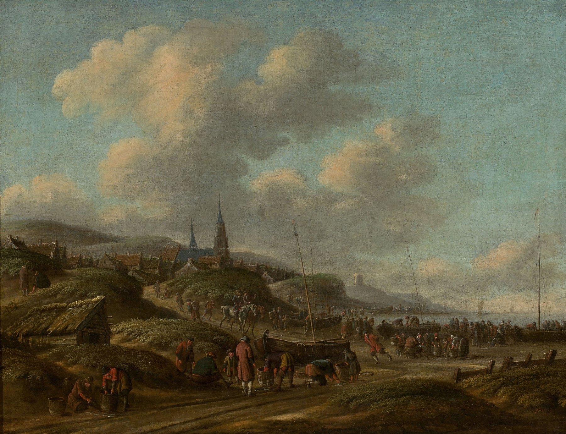 Coast in Scheveningen by Thomas Heeremans, oil on canvas, depicting figures by the sea and gentle waves.