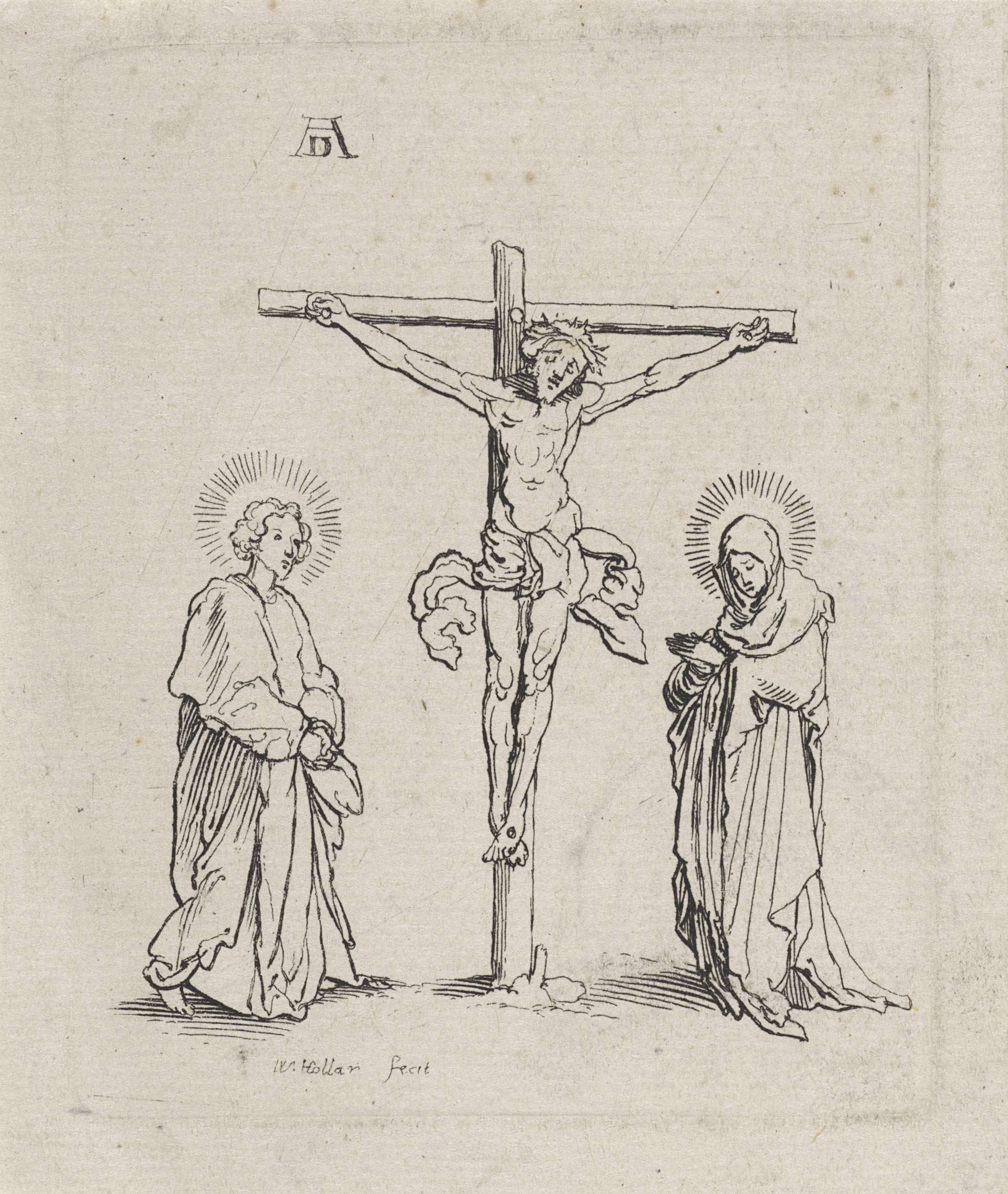 Crucifixion etching by Wenceslaus Hollar featuring somber tones and vibrant drapery.