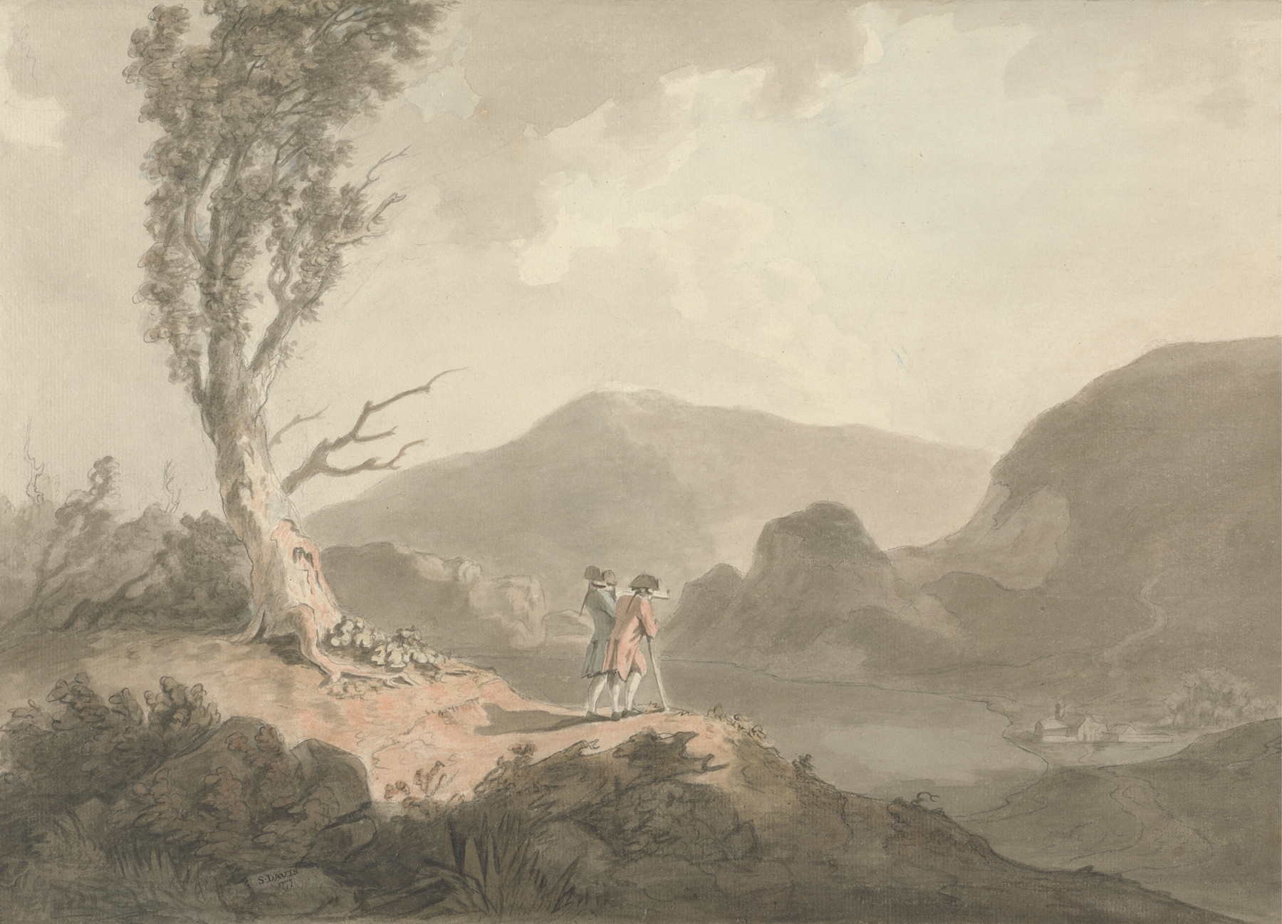 Two men with a telescope by a river, oil painting by Samuel Davis