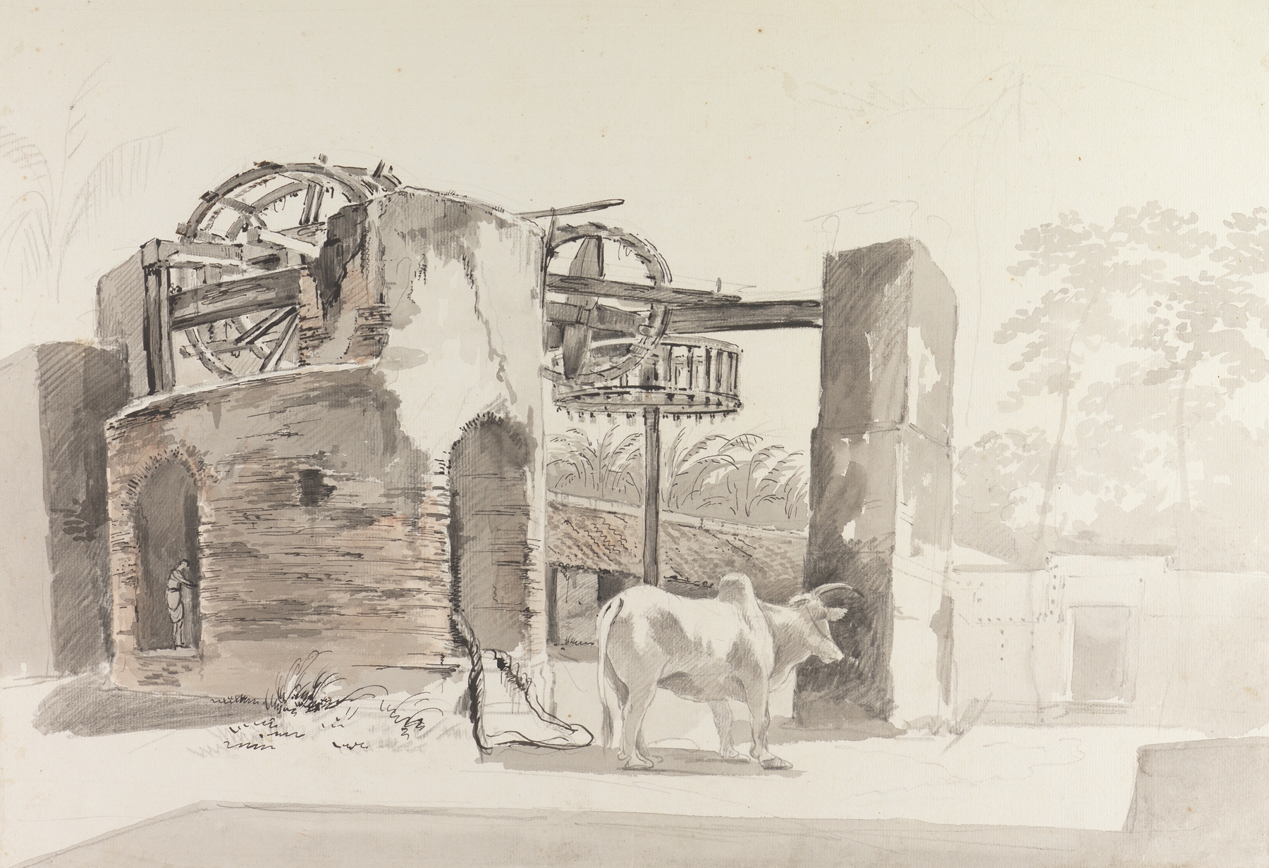 Landscape by William Hodges, ink on paper, featuring hills and foliage.