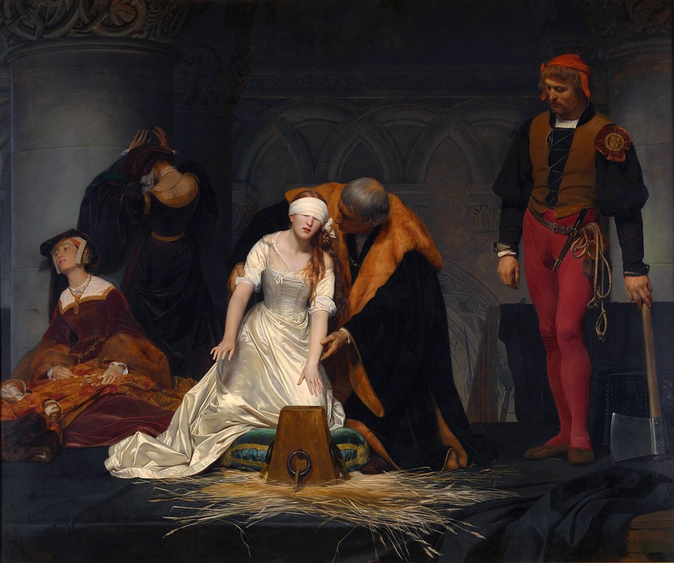 Paul Delaroche's painting depicts the execution of Lady Jane Grey in a dramatic historical scene.