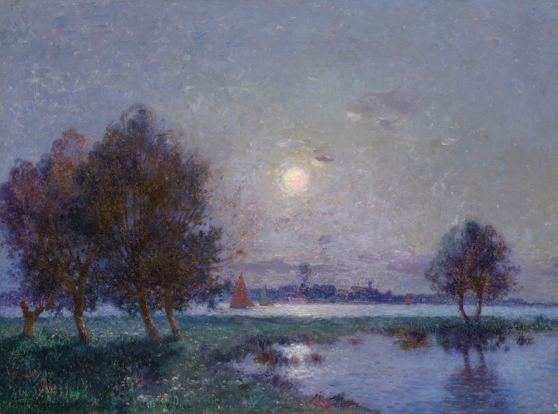 Bord de Loire au clair de lune, oil on canvas by Ferdinand du Puigaudeau depicting a serene river at night.