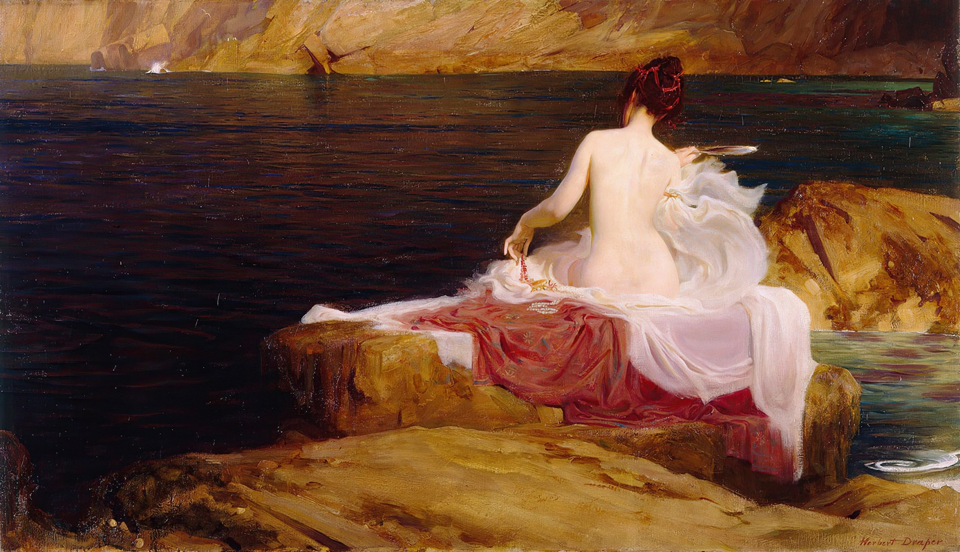 Calypso Island by Herbert James Draper depicts a serene scene of a nymph and a shipwrecked sailor.