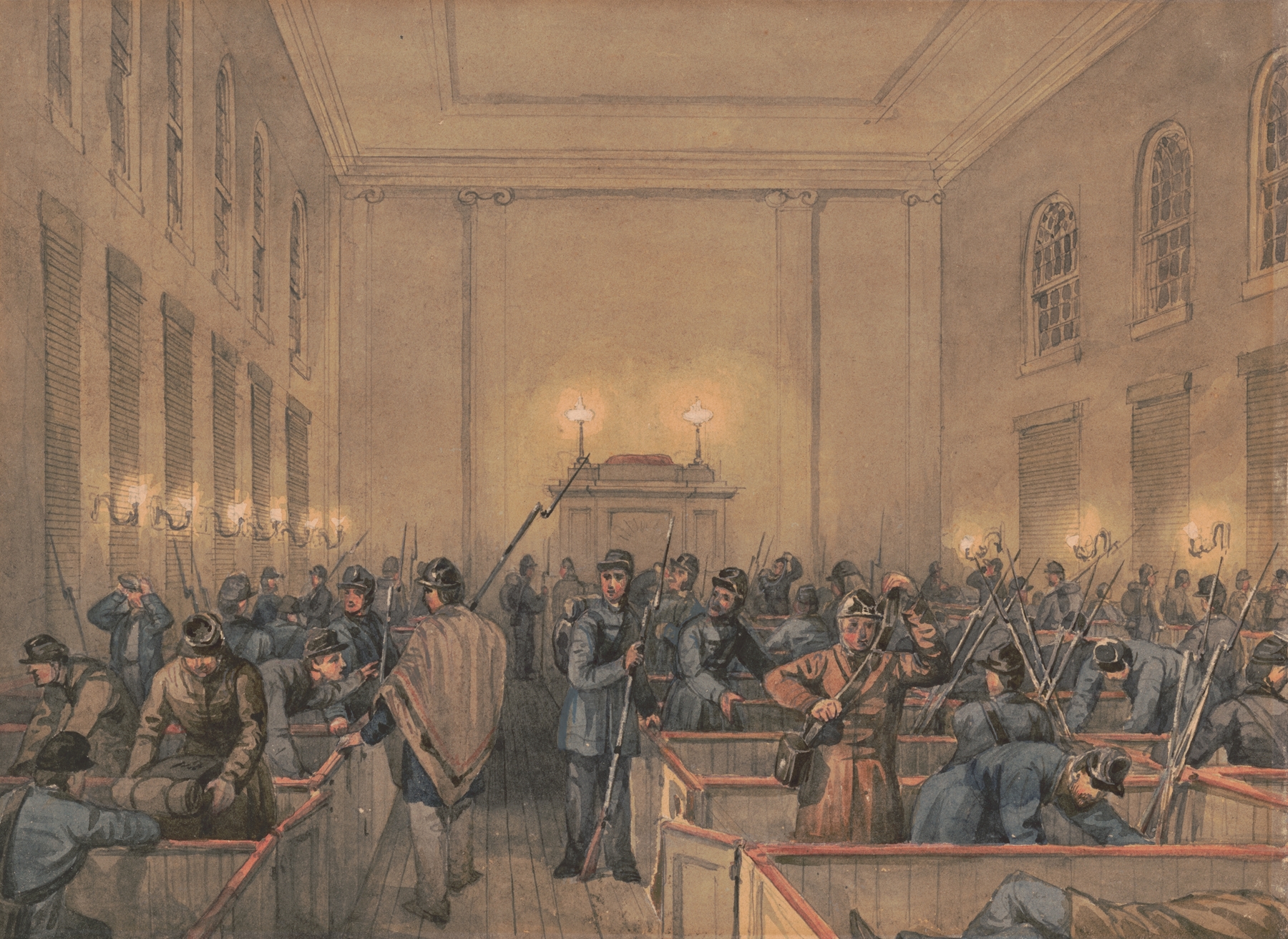 Historical drawing by James Fuller Queen depicting officers in uniform