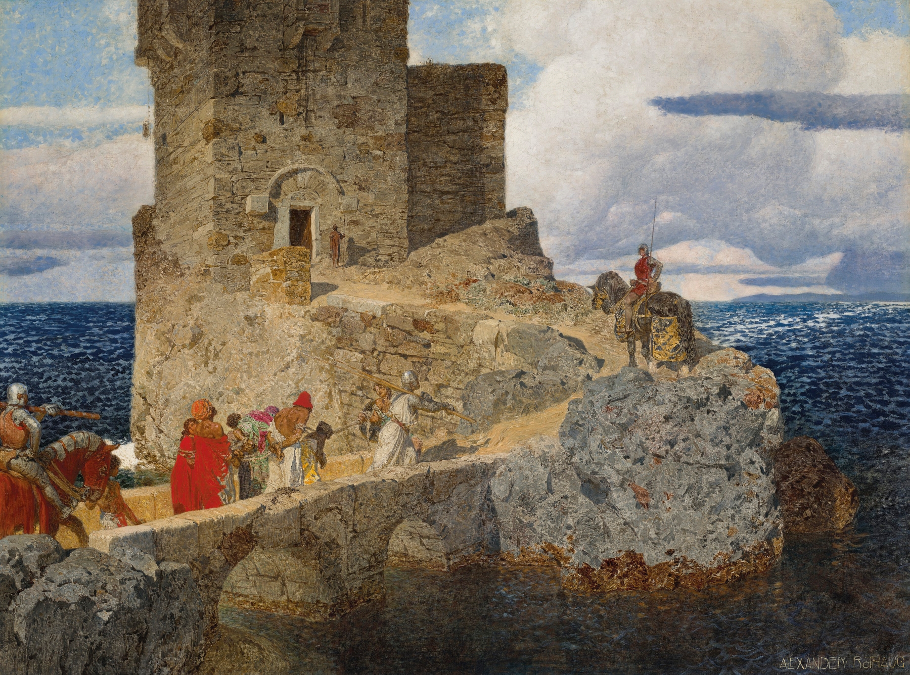 Marine scene featuring Maurenturm tower by Alexander Rothaug, oil painting