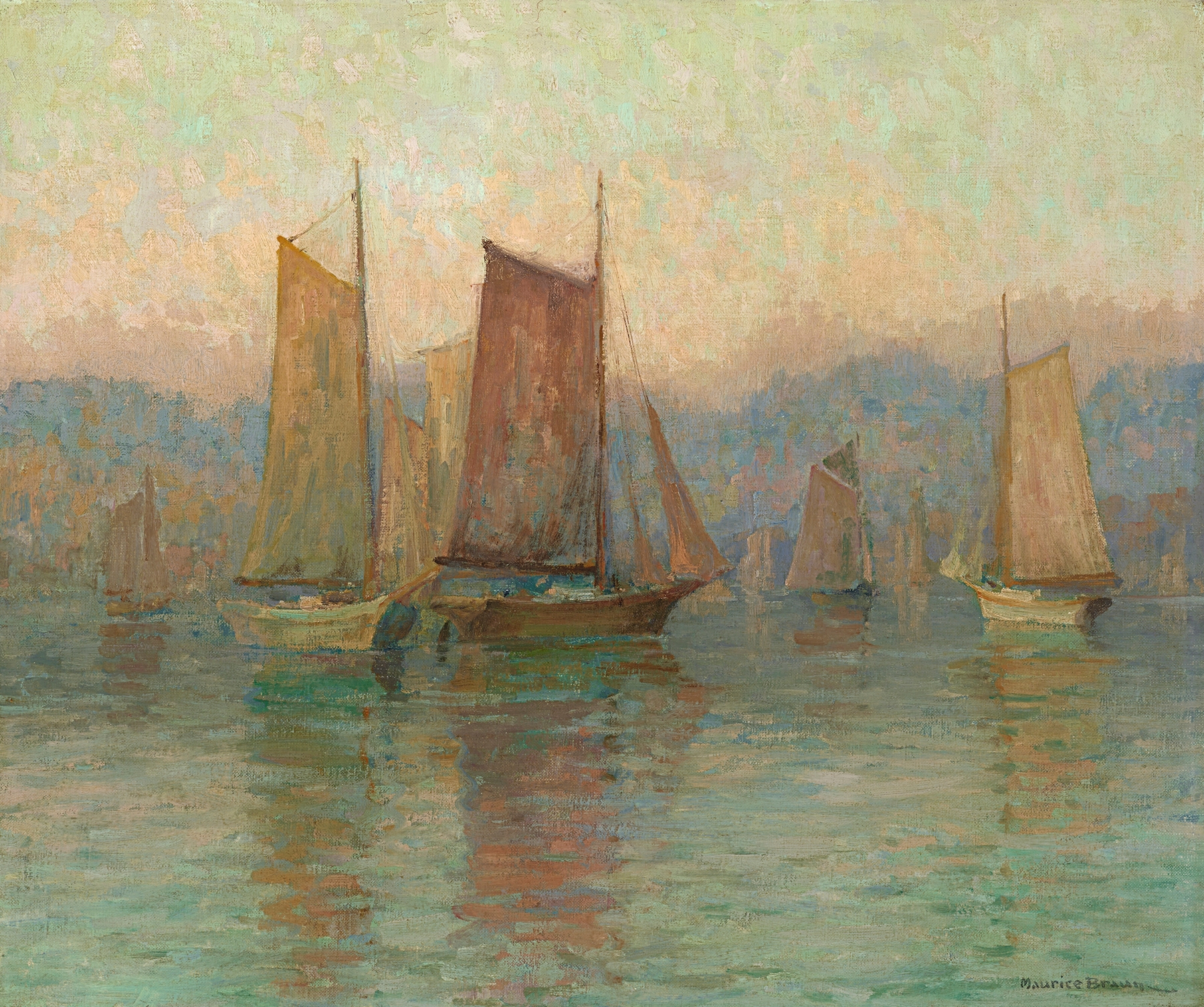 Landscape oil painting by Maurice Braun featuring soft light and clouds.