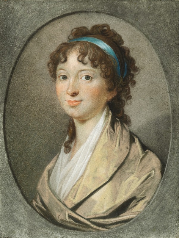 Portrait of a young lady with blue hair ribbon by Jens Juel.