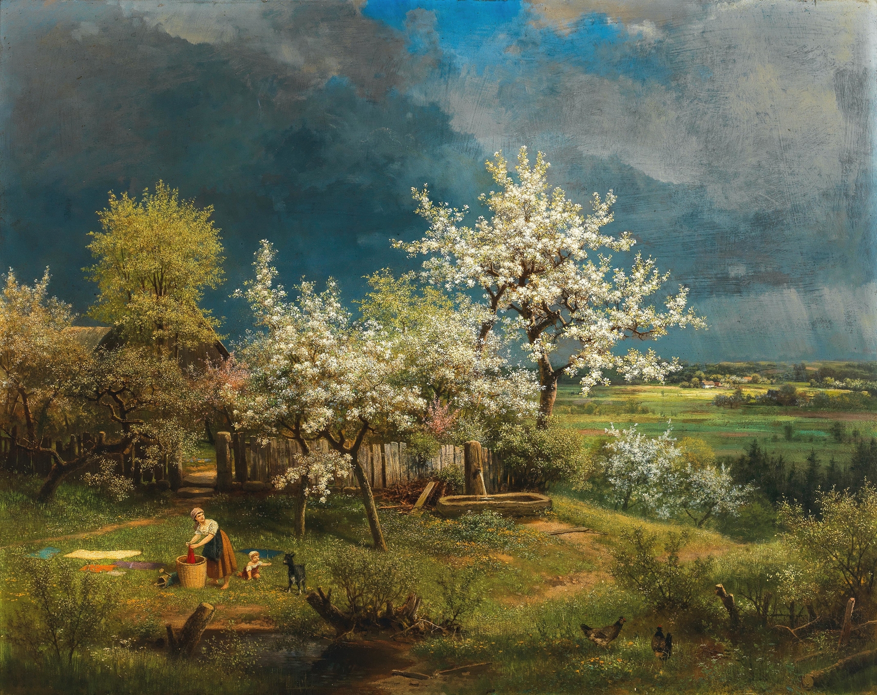 A Brewing Storm in Spring by Eduard Leonhardi, oil on canvas depicting a stormy landscape with flowers.