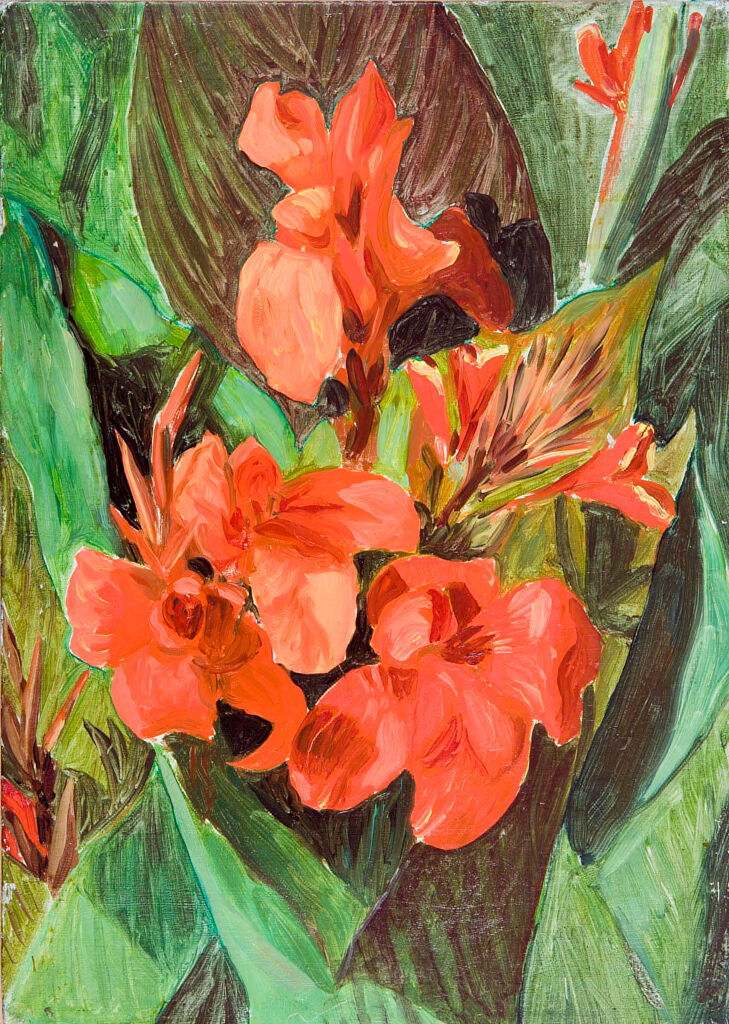 Gladiolus by Kanji Nakamura, oil on canvas, featuring vibrant pink and orange flowers.