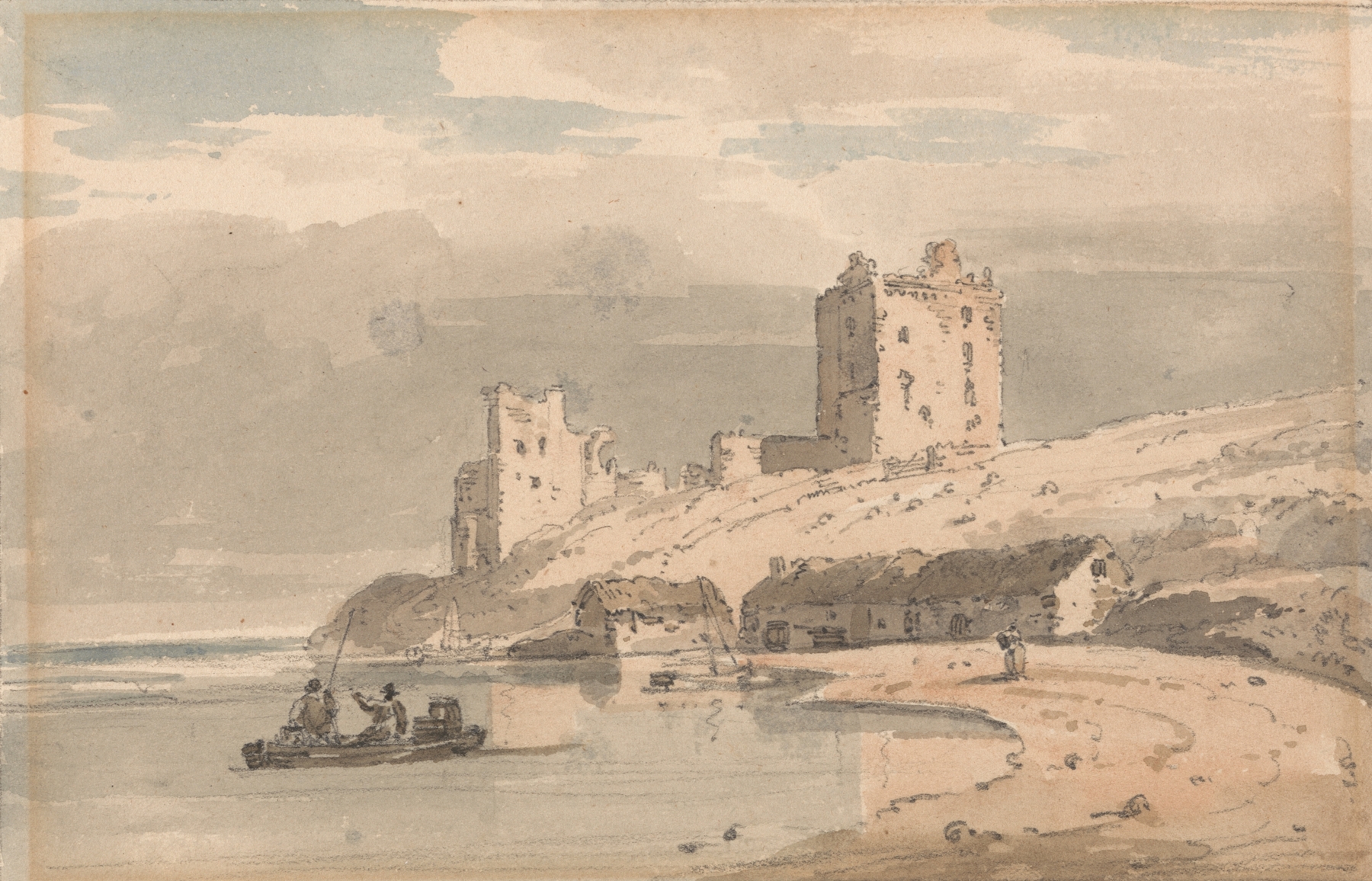 Ruins on the coast, oil painting by Thomas Girtin, featuring crumbling structures and a stormy sky.